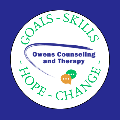 Logo for Owens Counseling and Therapy, featuring a blue swoosh, speech bubbles, and the words GOALS - SKILLS - HOPE - CHANGE in green text around the edge of a white circle on a blue background.