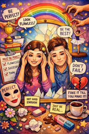 A colorful illustration of a smiling girl and boy in front of a cracked mirror, surrounded by pressure symbols like trophies, checklists, and phrases such as Be perfect and Fake it till you make it with a broken heart and rainbow above.