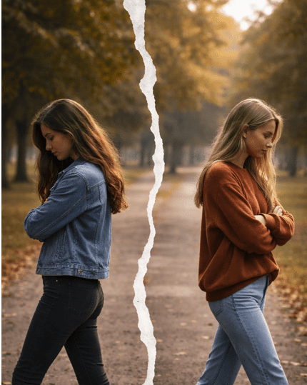 Two young women stand back-to-back with arms crossed on a tree-lined path, separated by a torn line down the middle, suggesting conflict or separation. The scene has an autumn atmosphere.