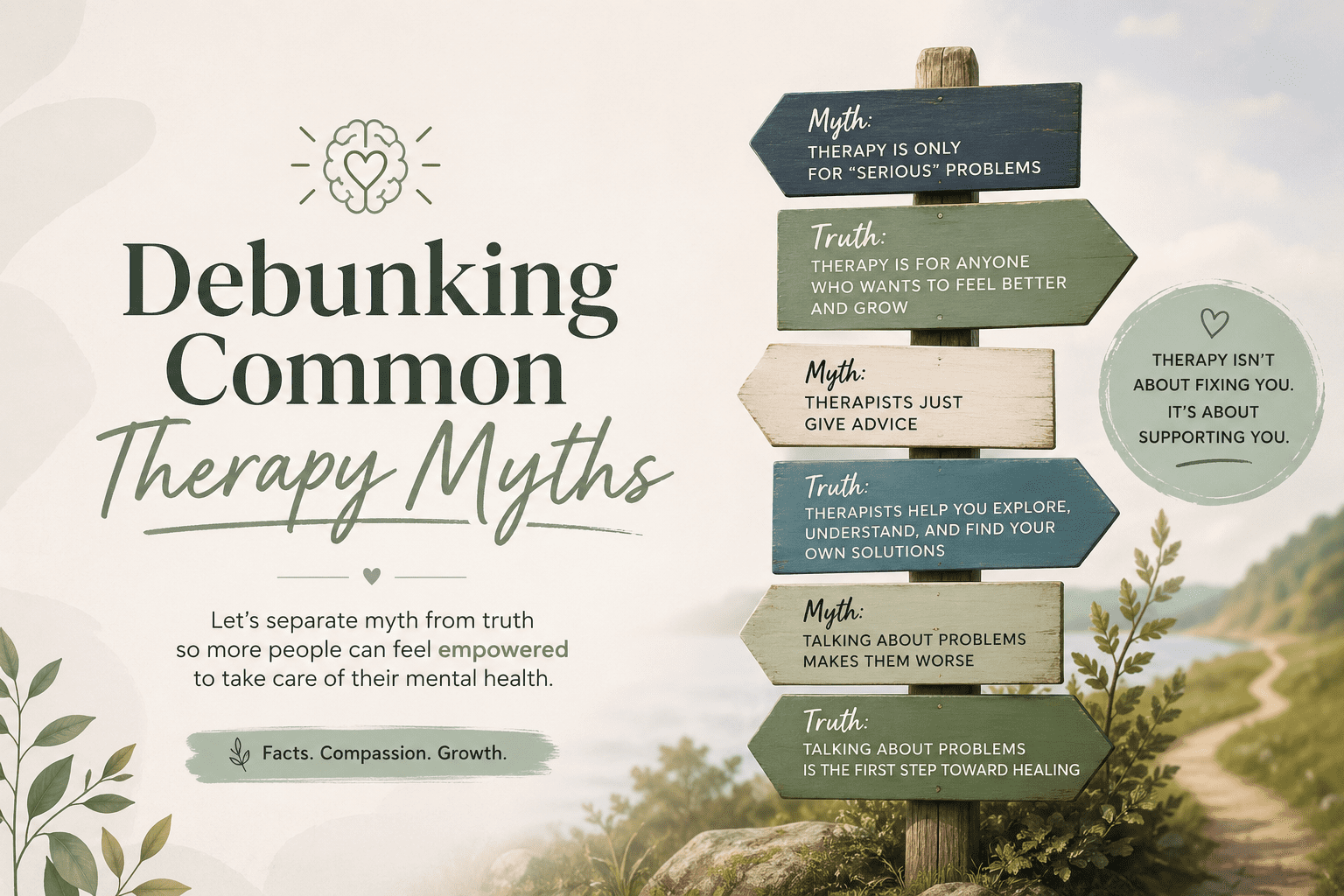 A graphic titled Debunking Common Therapy Myths shows signposts with myths and truths about therapy, a heart and brain icon, a lakeside path, and highlights therapy’s supportive and growth-focused nature.