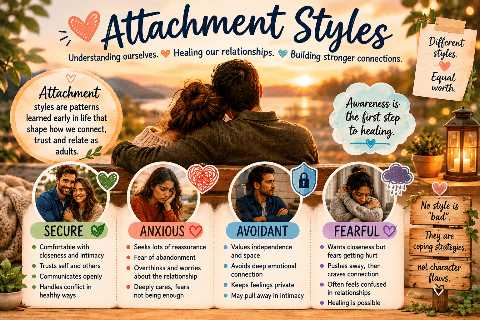 A cozy couple sits on a couch outdoors, overlooking a scenic sunset. The infographic explains four attachment styles—Secure, Anxious, Avoidant, and Fearful—using colorful icons and brief descriptions for each style.