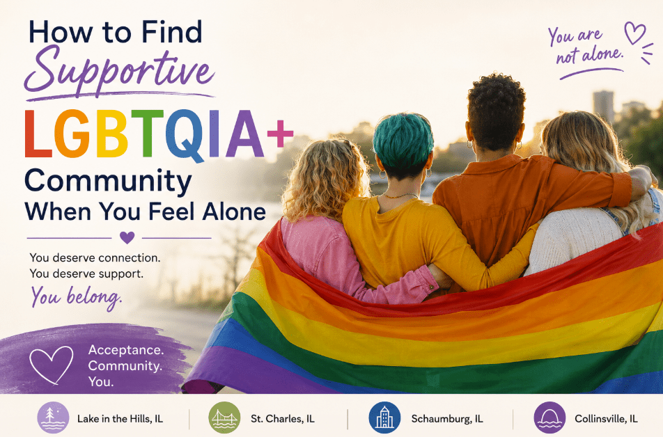 Four people with colorful hair and clothing stand close together, one holding a rainbow flag over their shoulders. Text encourages finding supportive LGBTQIA+ communities and highlights acceptance, support, and specific Illinois locations.