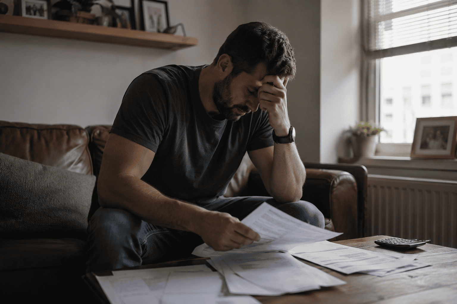 A man sits on a couch, holding his head in one hand and looking at paperwork with a worried expression. Bills and documents are spread out on the table in front of him.