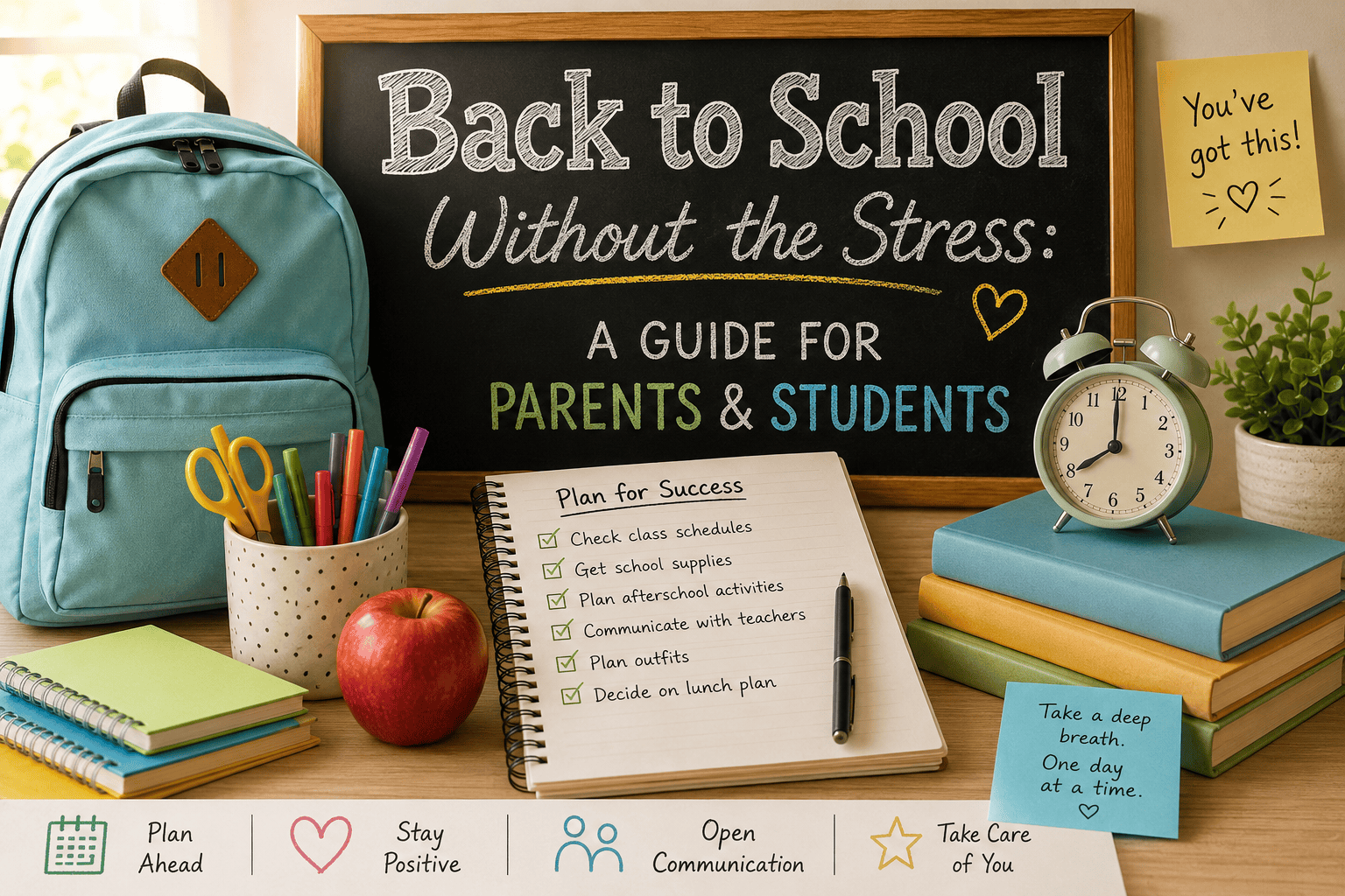 A back-to-school scene with a chalkboard reading Back to School Without the Stress, a blue backpack, an apple, clock, notebooks, pencils, and checklist, inspiring tips for students and parents, and motivational sticky notes.