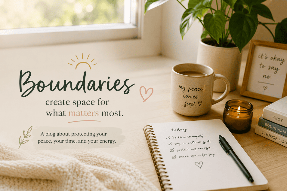 A cozy desk with a coffee mug labeled my peace comes first, a notebook with a self-care list, candles, a plant, and a sign reading its okay to say no. Text: Boundaries create space for what matters most.