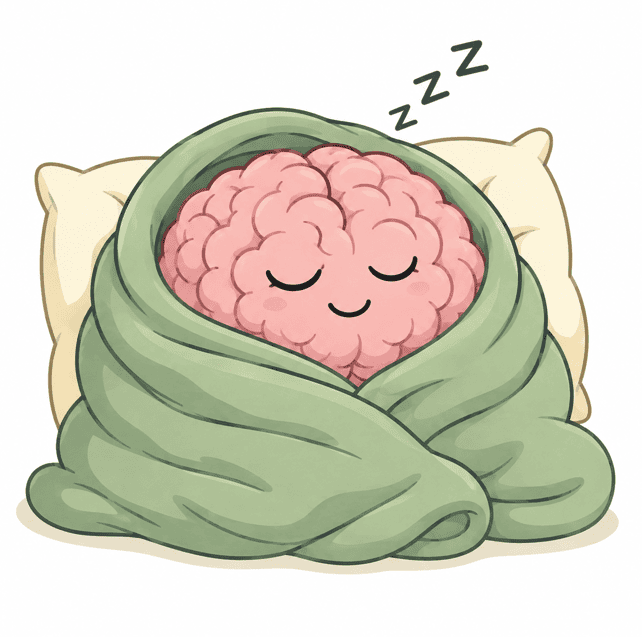 A cartoon brain with a smiling face is snuggled up in a green blanket, resting on a pillow, with Z symbols above it to show its sleeping.