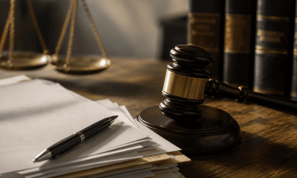 A judges gavel, a pen resting on a stack of documents, and legal books are on a wooden desk. Scales of justice are visible in the background, symbolizing law and legal proceedings.