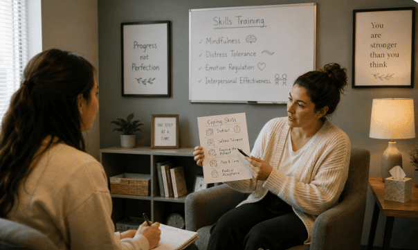 A therapist explains coping skills to a client, holding a chart. A whiteboard behind them lists skills training topics like mindfulness and emotion regulation. The setting appears calm and supportive.