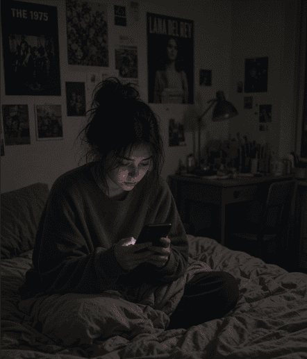A young woman sits cross-legged on a bed in a dimly lit room, looking at her phone. Posters cover the wall behind her, and a desk with a lamp and various items is visible in the background.